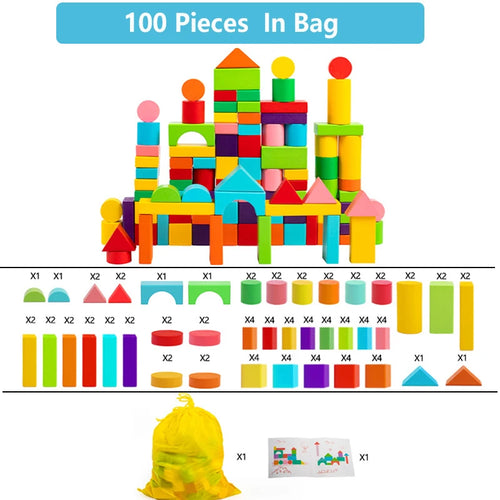 Wooden Building Blocks Set with Storage Bag